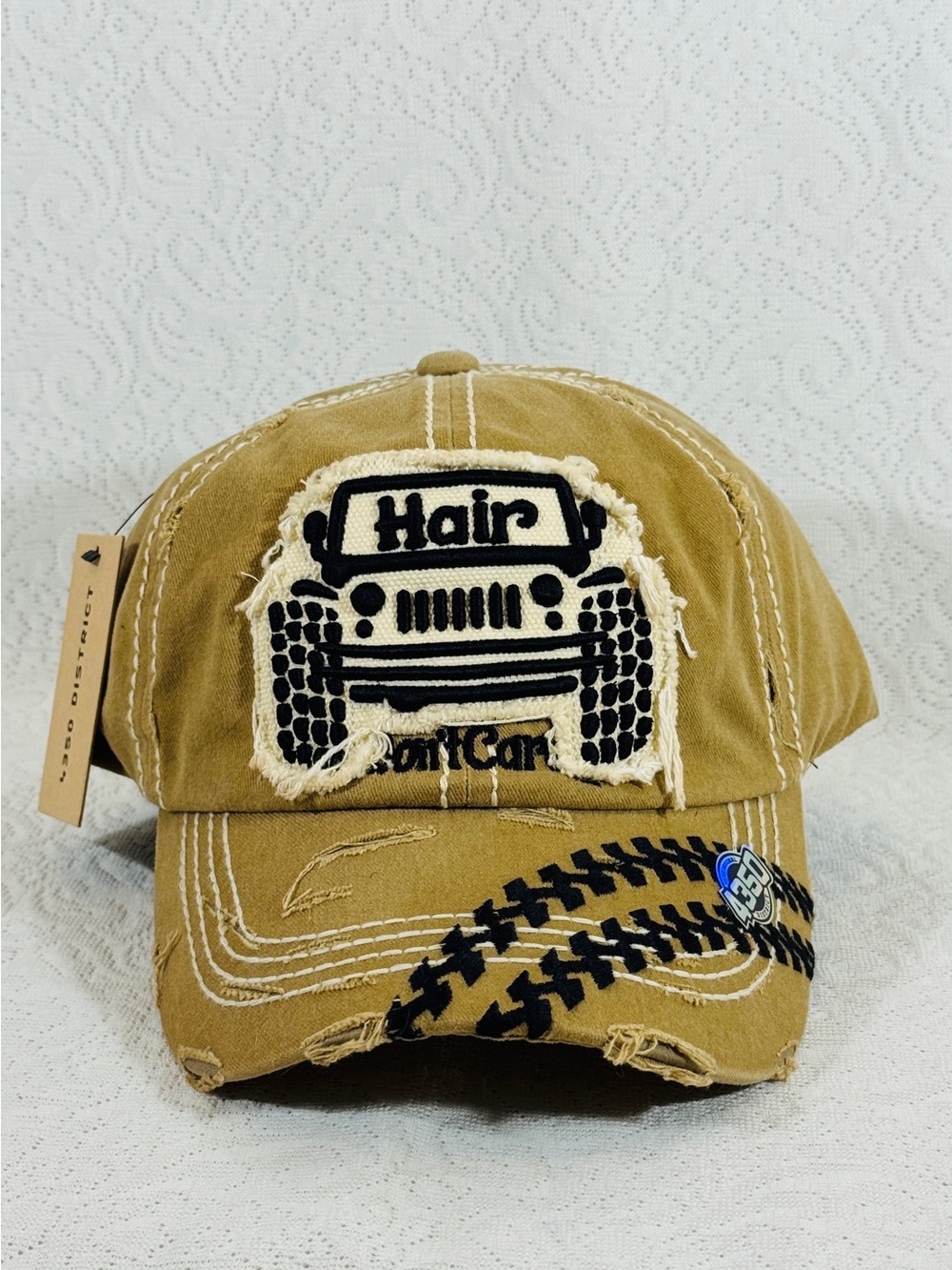 Men's Distressed Tan Baseball Cap with Black Jeep-Style Patch